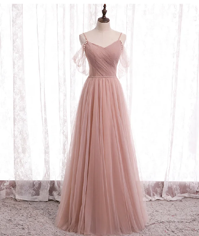 Pink A line tulle long prom dress bridesmaid dress  8369