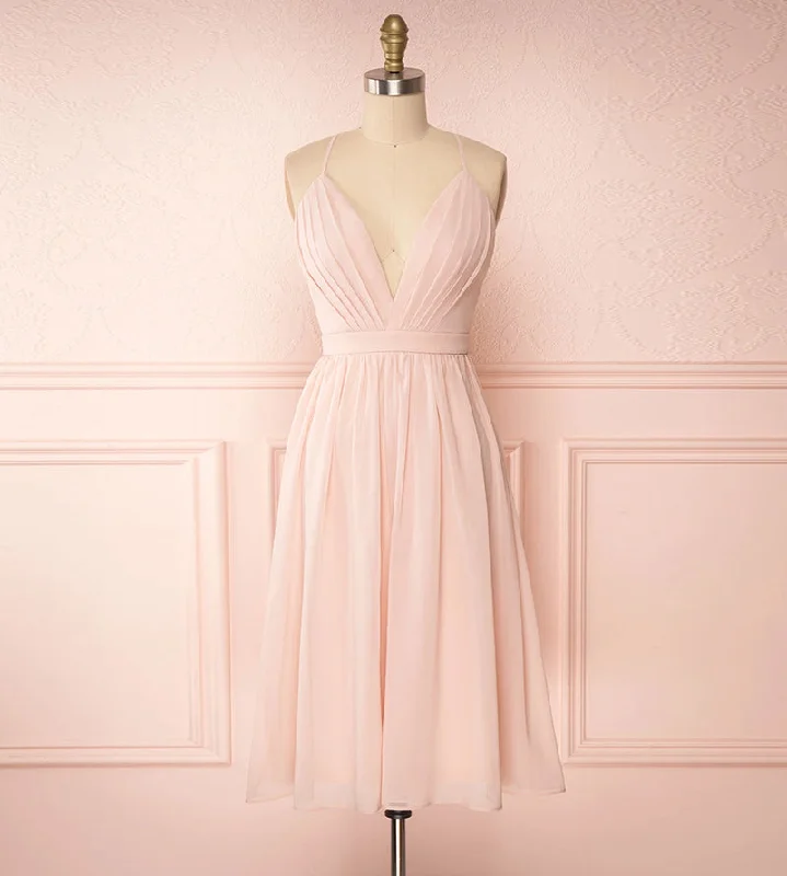 Pink v neck chiffon short prom dress  8178