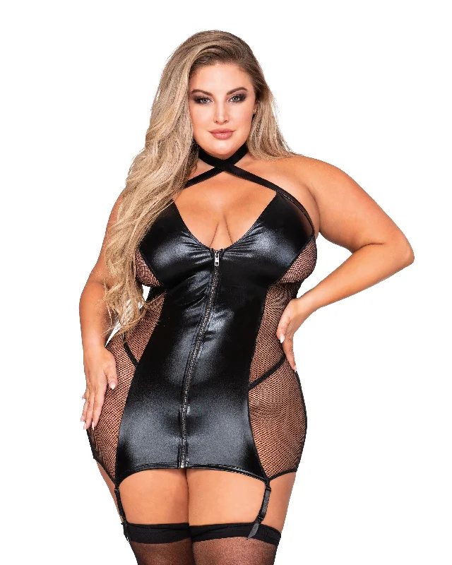 Dreamgirl Plus Size Stretch Faux-Leather & Fishnet Garter Slip with Halter Neckline & Matching G-String