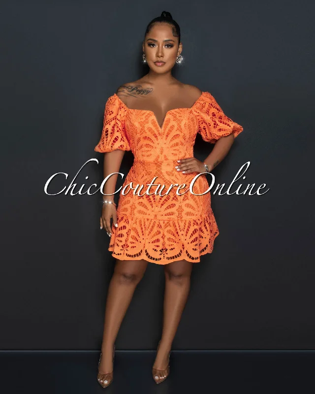 Precia Orange Crochet Embroidery Ruffle Skater Dress