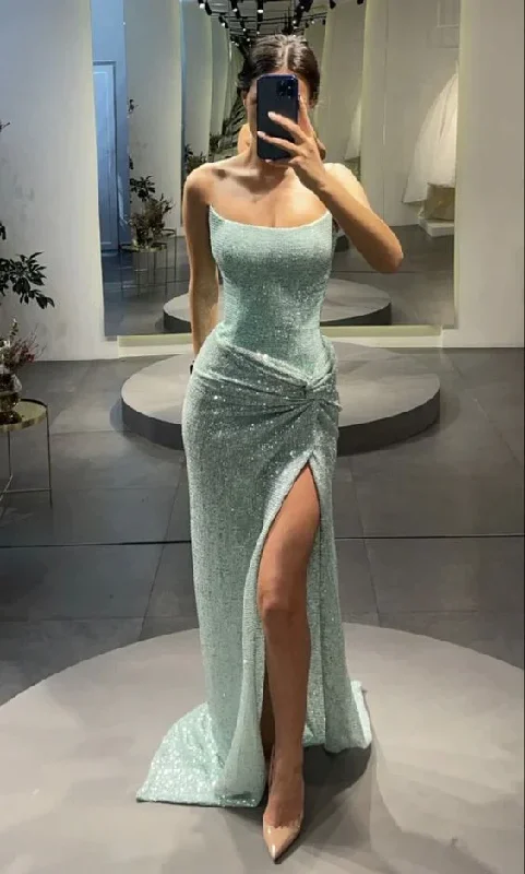 Green/silver/red/brown shiny sequins high slit sexy evening gown prom dress gh1893