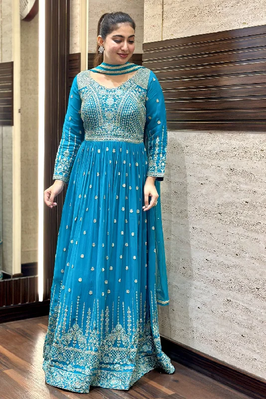 Rama Blue Stone, Thread and Zari work Floor Length Anarkali Suit