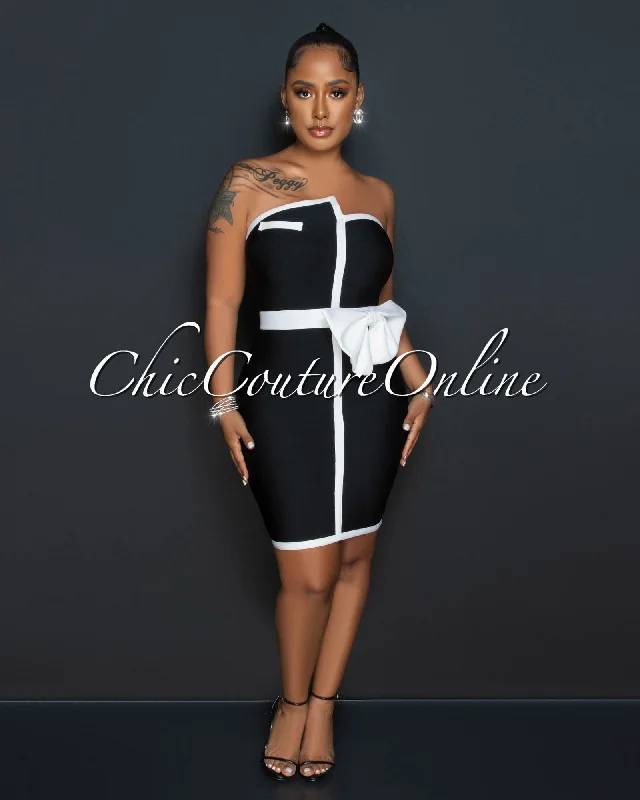 Randie Black White Bow Accent Bandage Dress