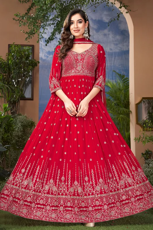 Red Stone, Thread and Zari work Floor Length Anarkali Suit