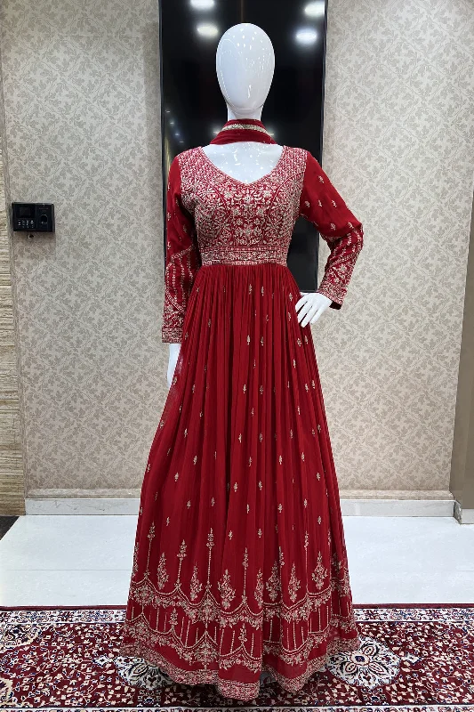 Red Zari, Stone and Thread work Floor Length Anarkali Suit