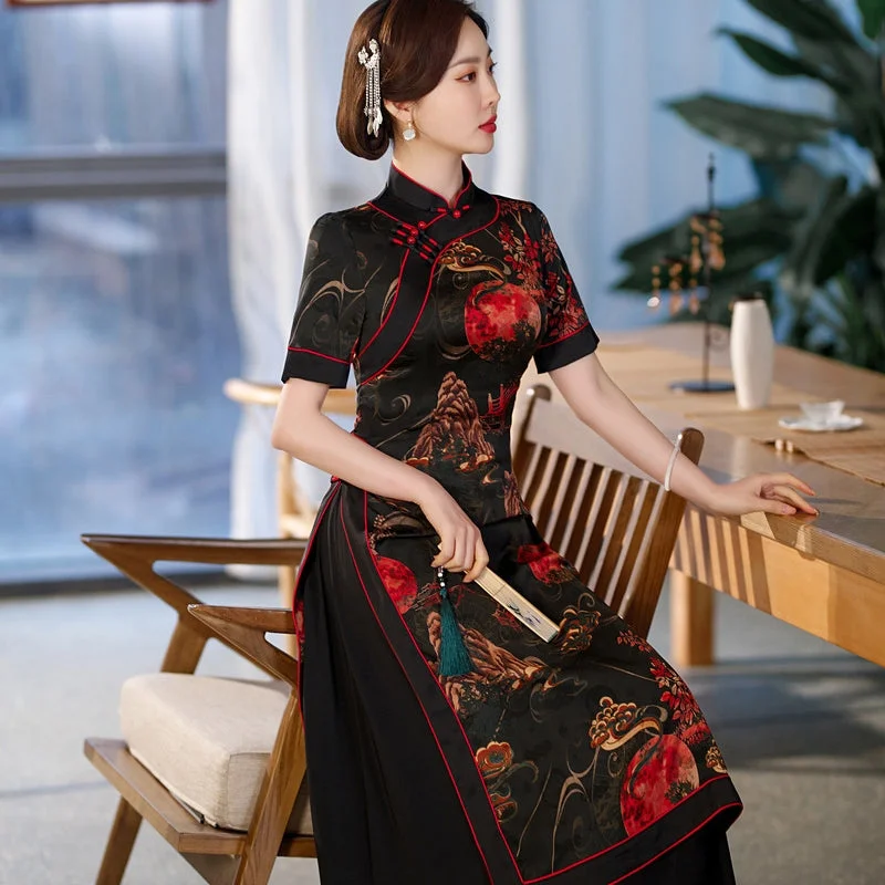 Retro Cheongsam Chic A-Line Evening Gown Tea Length Ao Dai Dress