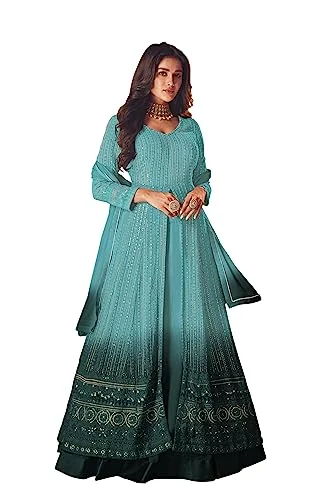 RUDRAPRAYAG Georgette and Santoon Anarkali Gown for Women | Semi Stitched Anarkali Gown for Women | Gown for Women 2023 | Gown in Clothing & Accessories Sky Blue