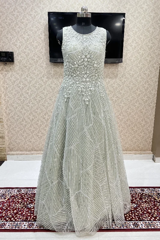 Sea Green Sequins, Silver Zari, Beads and Stone work Bridal and Partywear Gown