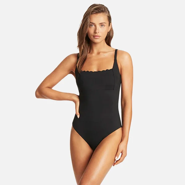 Sea Level Scalloped Square Neck One Piece - Black