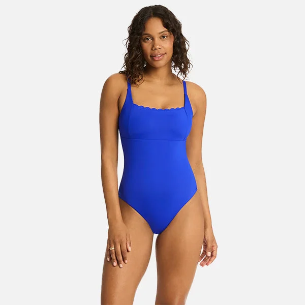 Sea Level Scalloped Square Neck One Piece - Cobalt