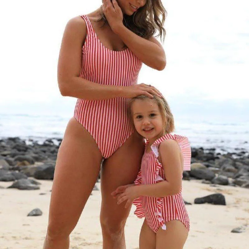 Matching Swimwear, Women's One Piece Swimsuit, Red and White Classic Stripe