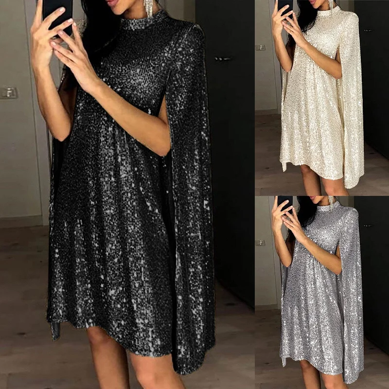 Sequins Cloak Sleeve Party Dress