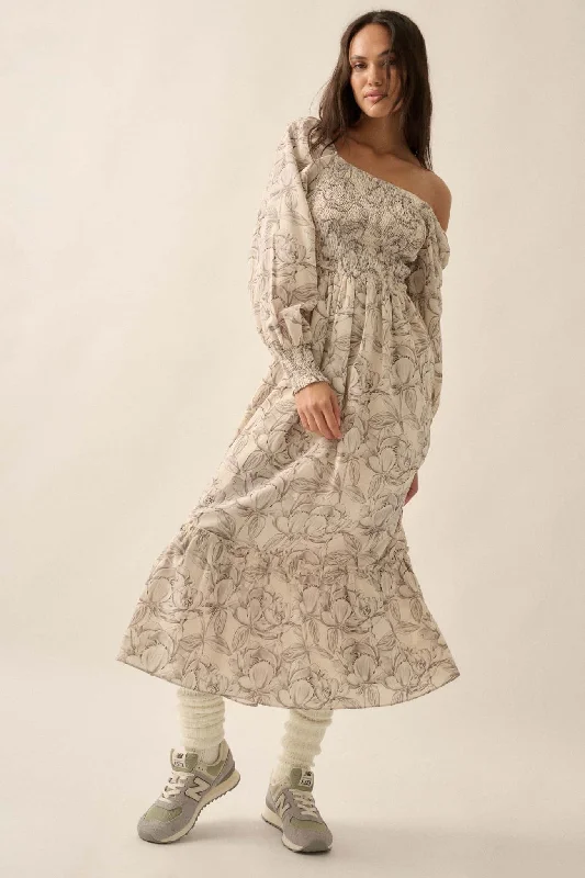 Serene Garden Floral Smocked Peasant Midi Dress