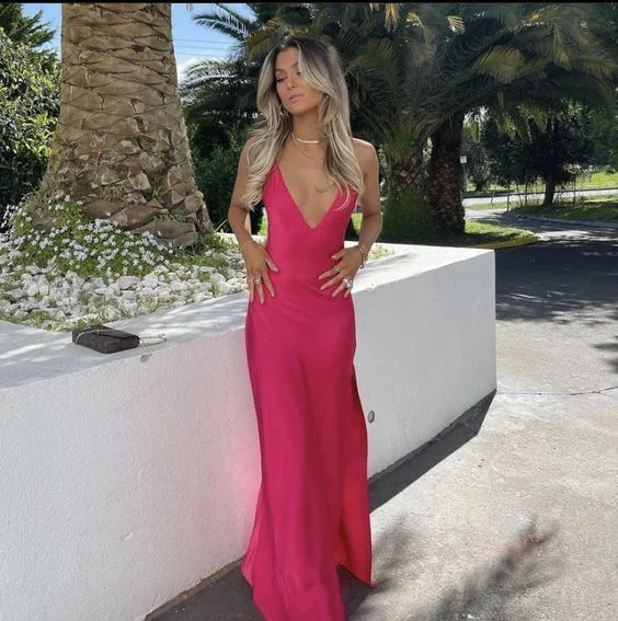 A line V neckline Sleeveless Party Dress Hot Pink Prom Dress gh2921