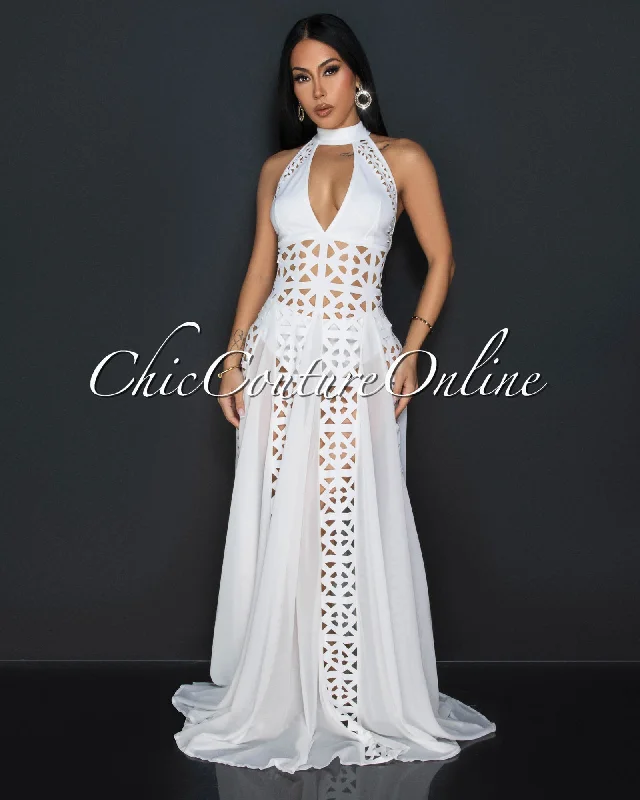 Shavina White Geometric Halter Maxi Gown