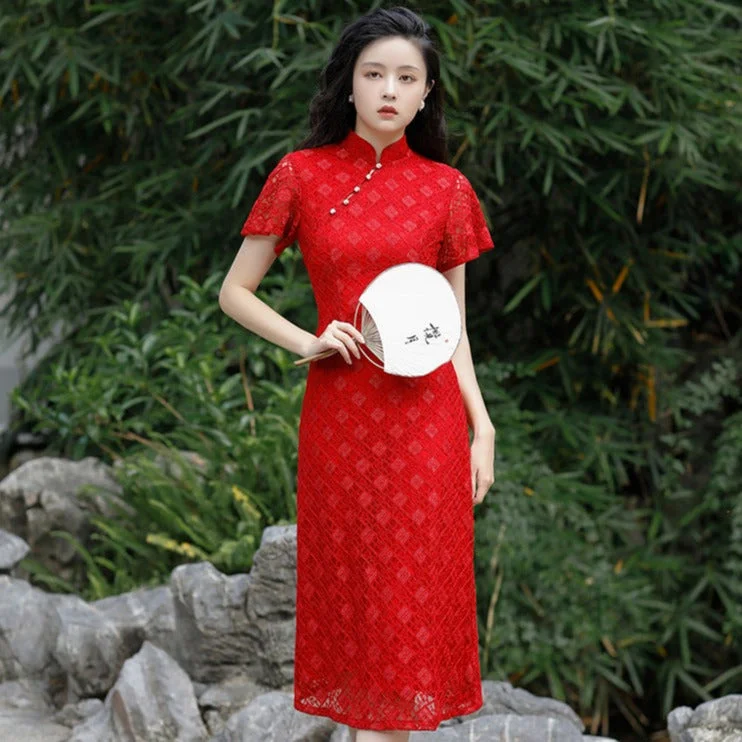 Short Sleeve Grid Pattern Lace Traditional Cheongsam Chinese Dress Evening Gown