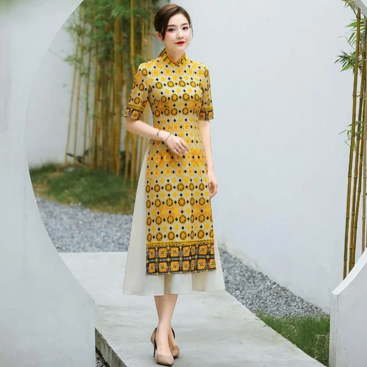 Short Sleeve Mandarin Collar Tea Length Floral Chiffon Ao Dai Dress