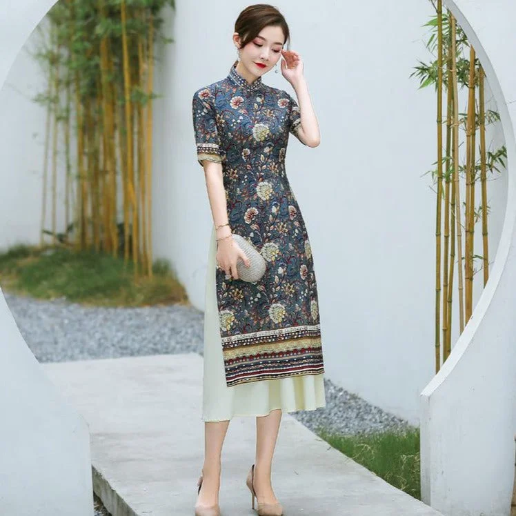 Short Sleeve Mandarin Collar Tea Length Floral Chiffon Ao Dai Dress