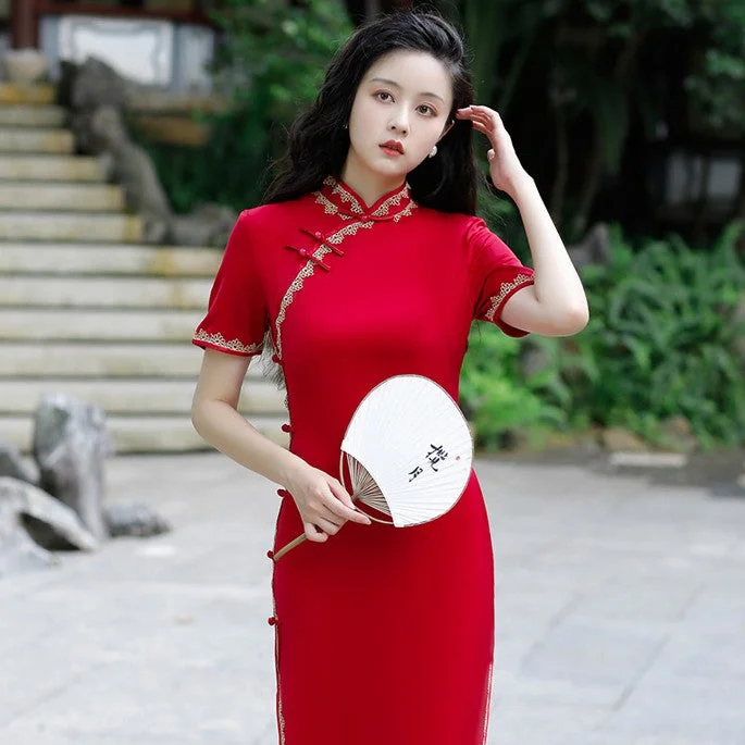 Short Sleeve Silk Traditional Cheongsam Chinese Dress with Lace Edge