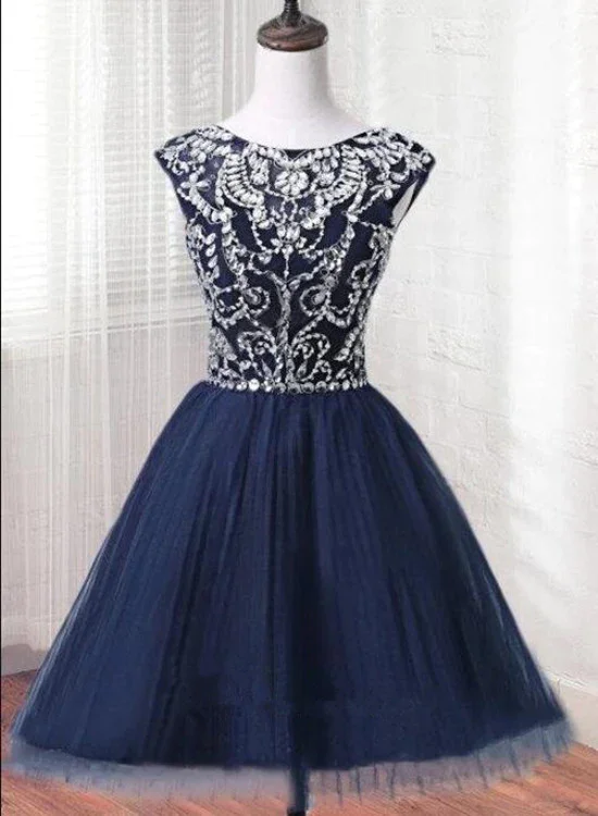 Short Tulle Beaded Dress Blue Knee Length Homecoming Dress, Cute Party Dress  gh496