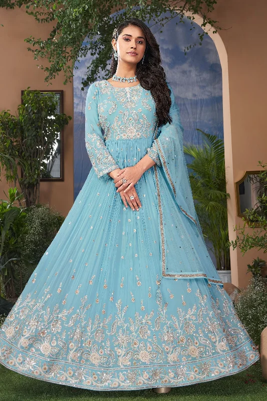 Sky Blue Embroidery, Sequins and Zari work Floor Length Anarkali Suit