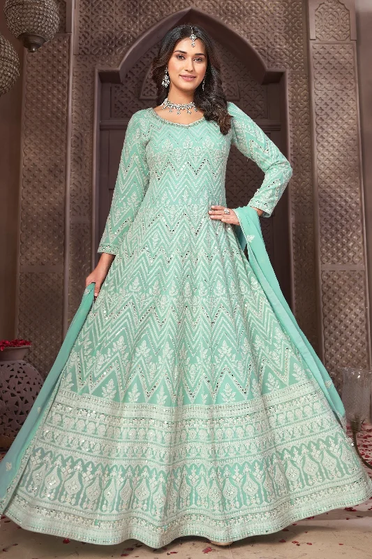 Sky Blue Embroidery, Sequins, Beads, Stone and Mirror work Floor Length Anarkali Suit