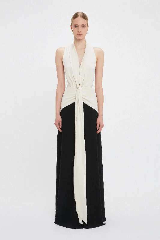 Exclusive Sleeveless Tie Detail Gown In Ivory-Black