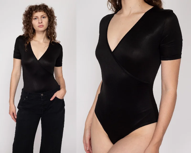 Small Y2K Black Wet Look Wrap Bodysuit Top