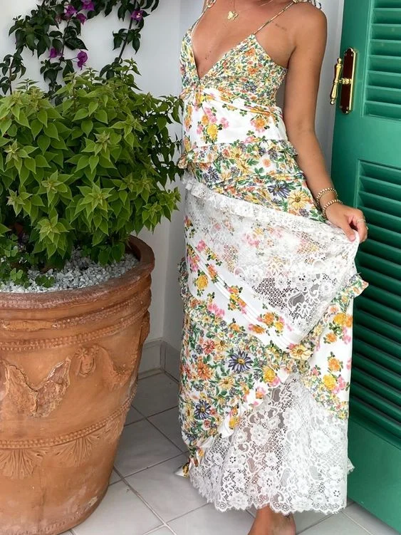 Spaghetti Straps Backless V Neck Floral Prom Dress gh2925