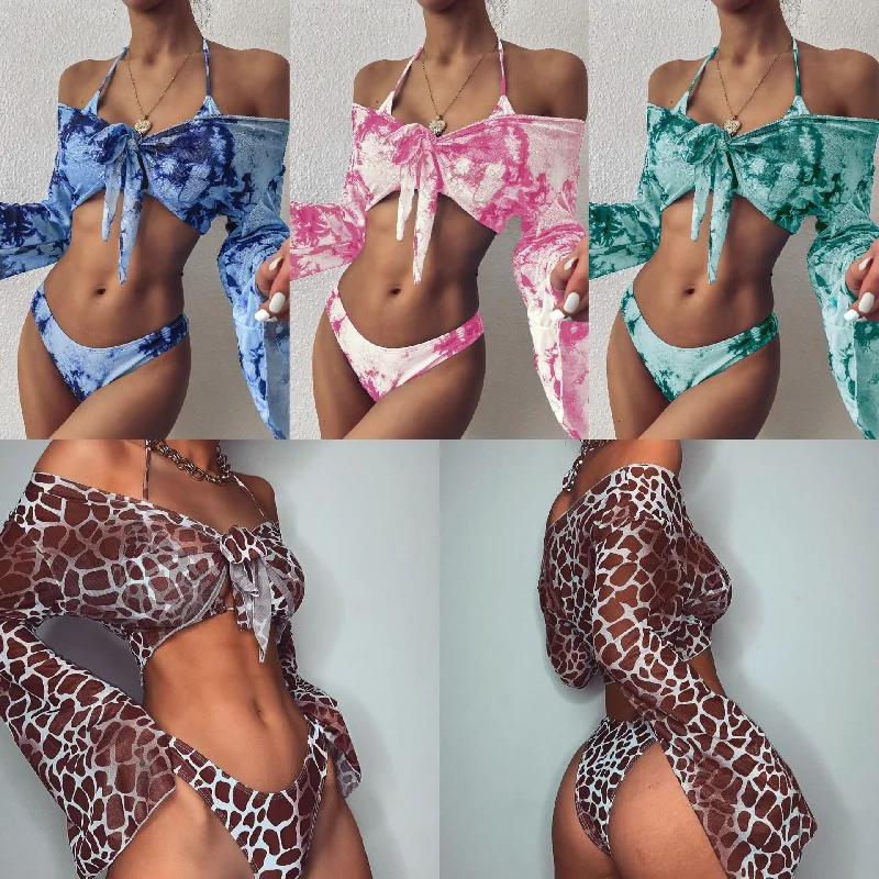 Split Swimsuit Sexy Long Sleeve Three-Piece Suit Leopard Bikini (CL10250)