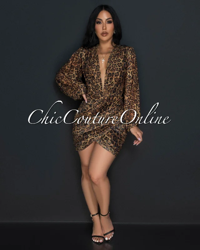 Stephen Leopard Deep-V Mesh Ruched Dress