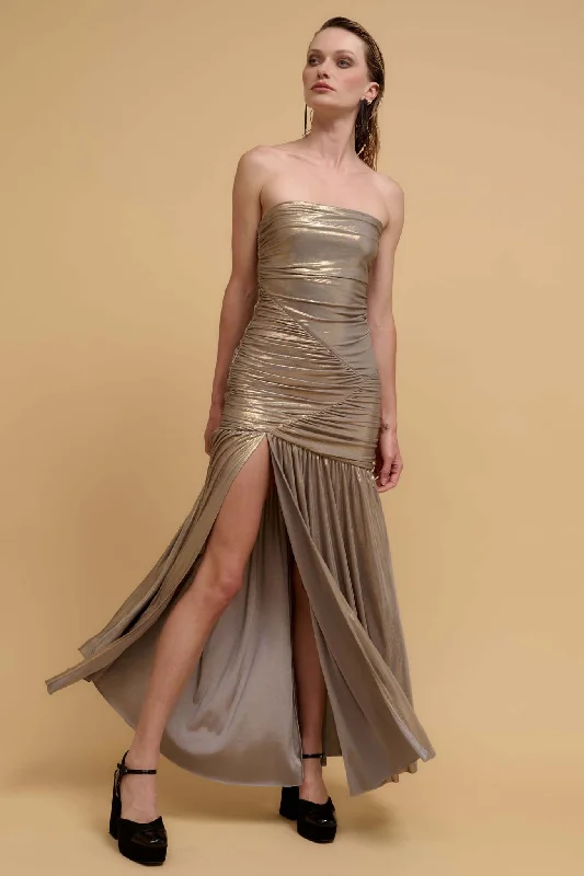 Stunning Starlet Strapless Metallic Maxi Dress