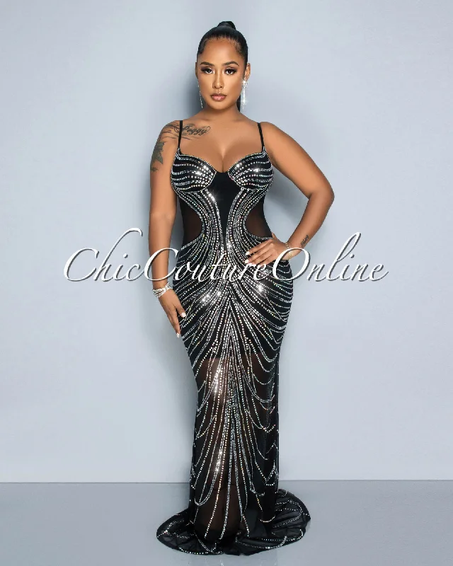 Susy Black Mesh Rhinestones Sheer Accent Maxi Dress