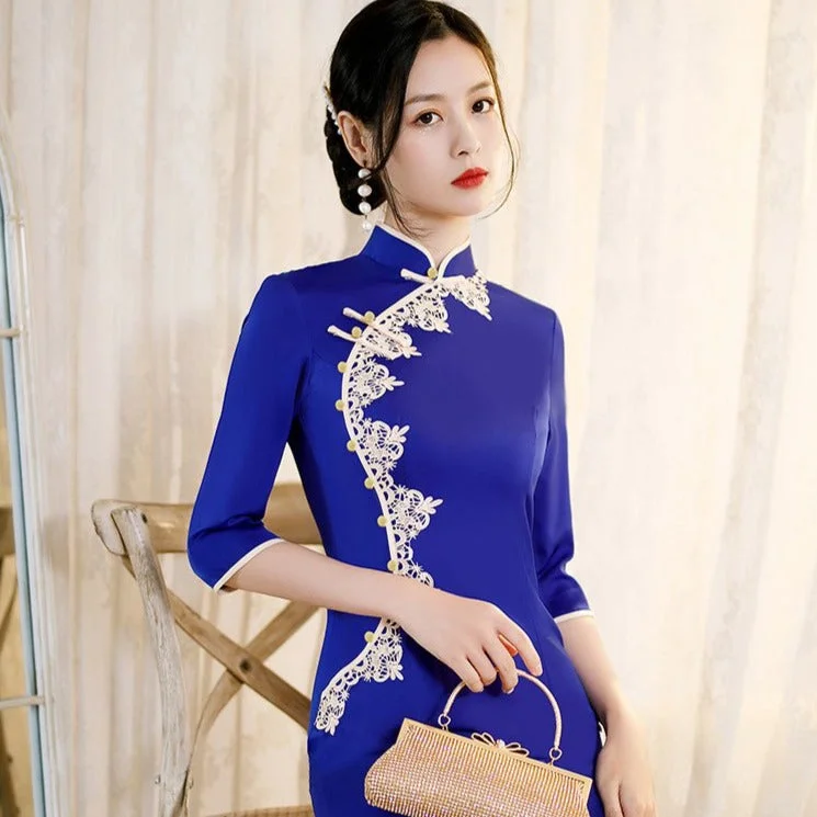 Tea Length Cheongsam Day Dress with Floral Lace Edge