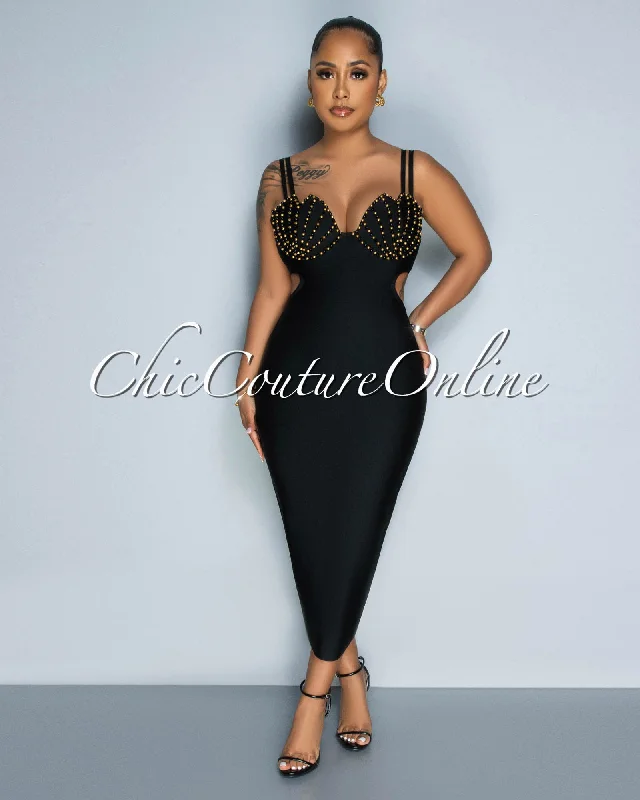 Timmy Black Gold Bust Beads Accent Bandage Midi Dress