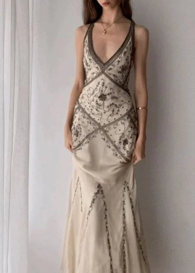 V neck beige evening prom dress   gh2941