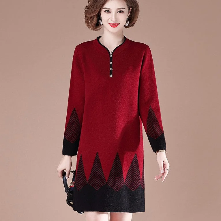 V Neck Long Sleeve Knee Length A-line Knit Dress Mother Dress