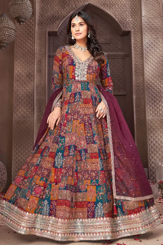 Wine Multicolor Digital Print, Zardozi, Sequins and Thread work Floor Length Anarkali Suit