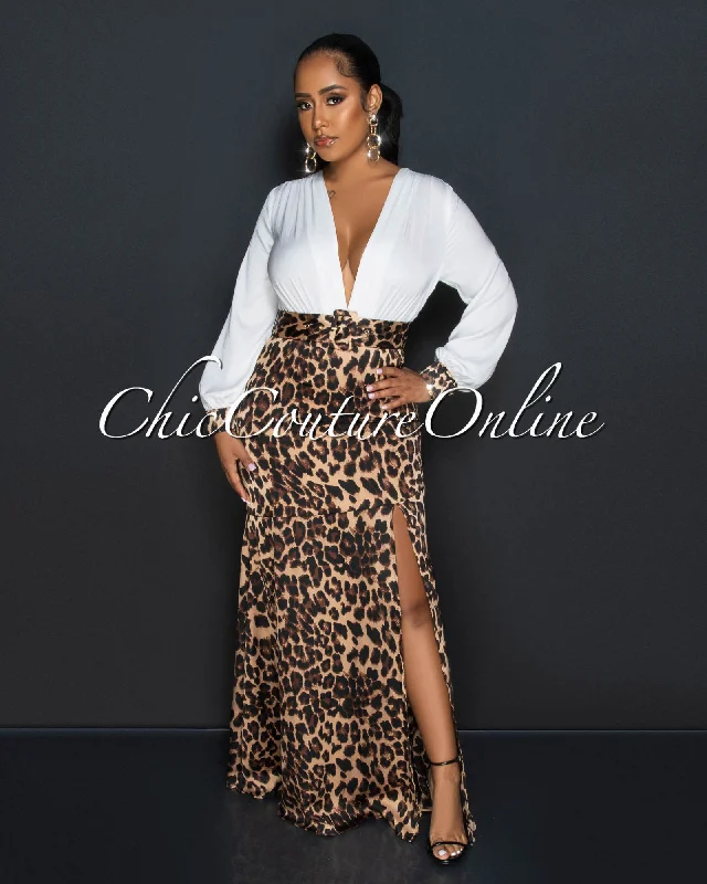 Zabrina White Leopard Print Two-Tone Maxi Dress