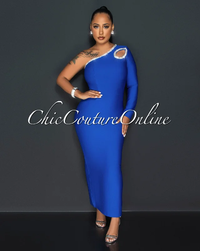 Zayra Royal Blue Rhinestones Neckline Bandage Dress