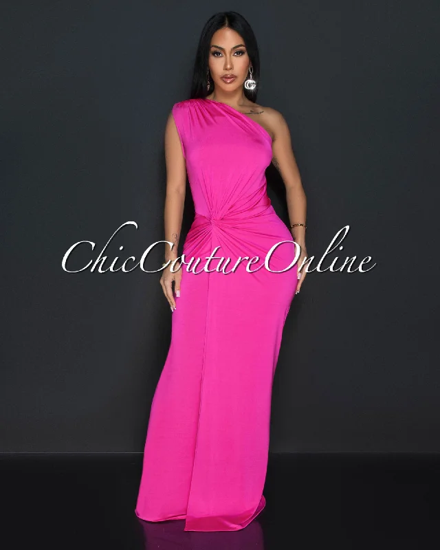 Zima Hot Pink Single Shoulder Twist Maxi Dress