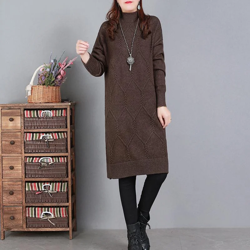 women's sweater affordable -Comfy High Neck Sweater Weather Largo Chocolate Art Knit Dresses