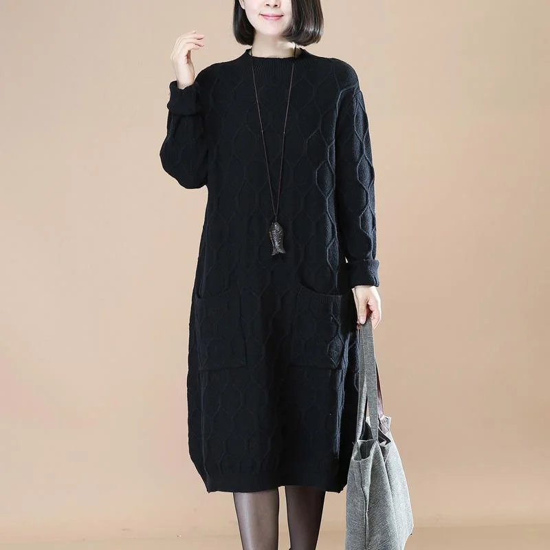 women's sweater breathable material -Boutique Black Knit Dress Loose Fitting Sweater Elegant Sweater