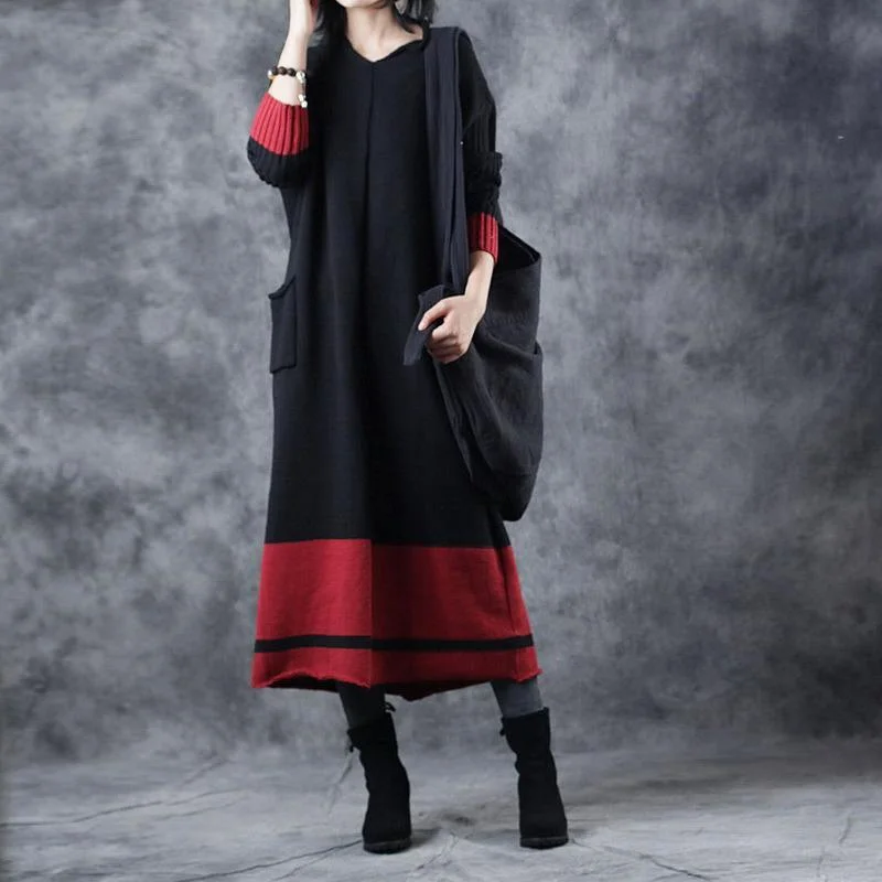 women's sweater handmade -Boutique Black Knit Dresses Plus Size V Neck Pullover Sweater Boutique Patchwork Winter Dress