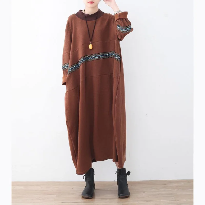 women's sweater free shipping -Boutique Brown Sweater Dress Fall Fashion Patchwork Pullover High Neck Winter Dress