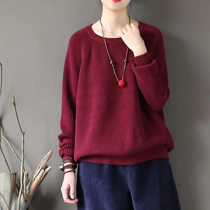 burgundy casual solid cotton tops oversize stylish o neck sweater