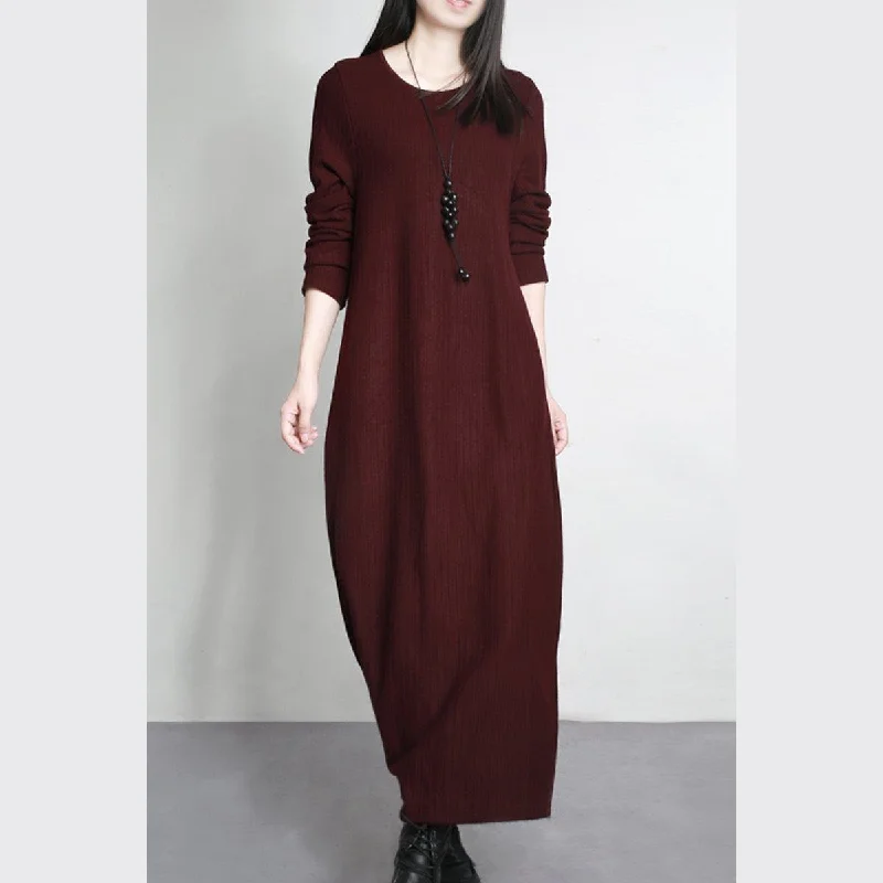 Burgundy Stylish Slim Sweater Dresses Elegant Loose O Neck Maxi Knit Dress Warm Fall Outfits