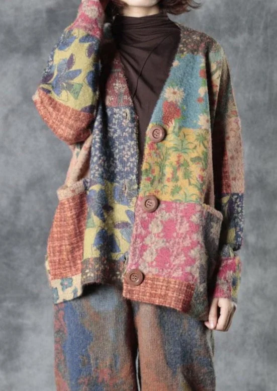 women's sweater designer -Casual Fall Colorful Flower Print Sweater Coat