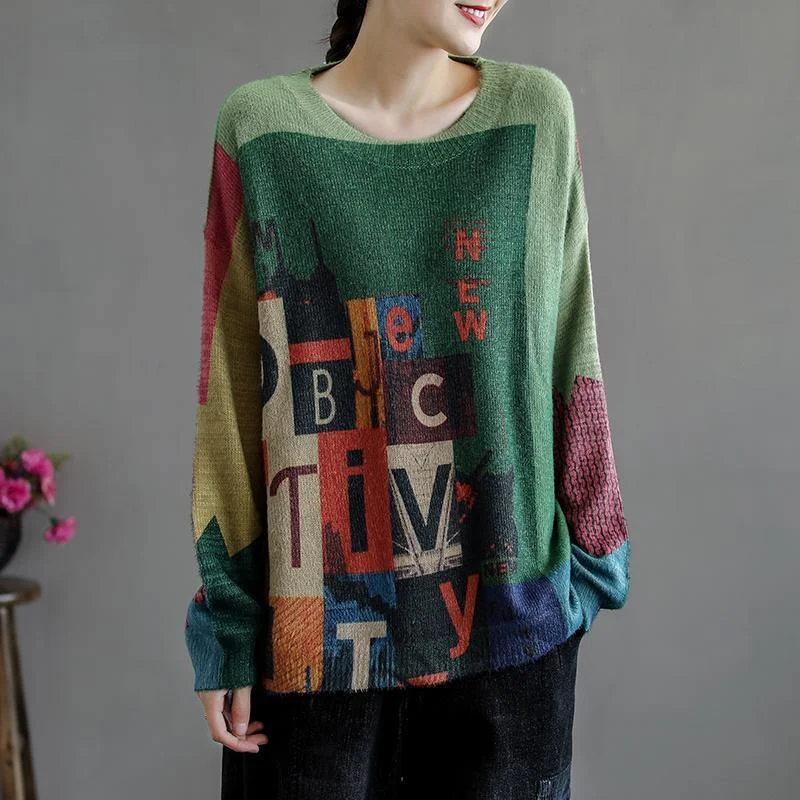 Casual Spring Color Stitching Graphic Knit Top Sweater