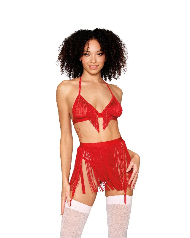 Chainette Fringe Bralette, Garter Belt, and G-String Set